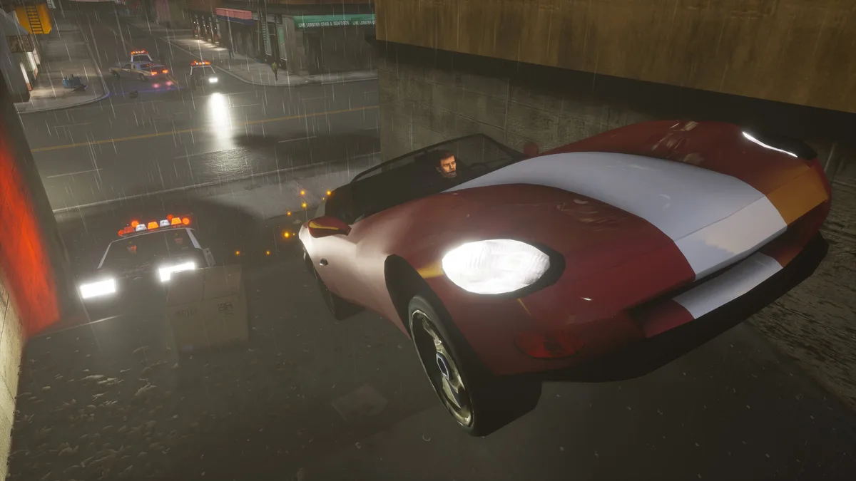 A police chase on a rainy night in Liberty City