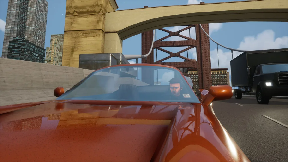Claude, the silent protagonist of GTA III, beside a car
