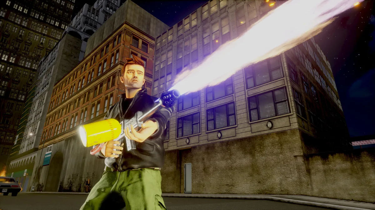 Claude firing a flamethrower in Liberty City