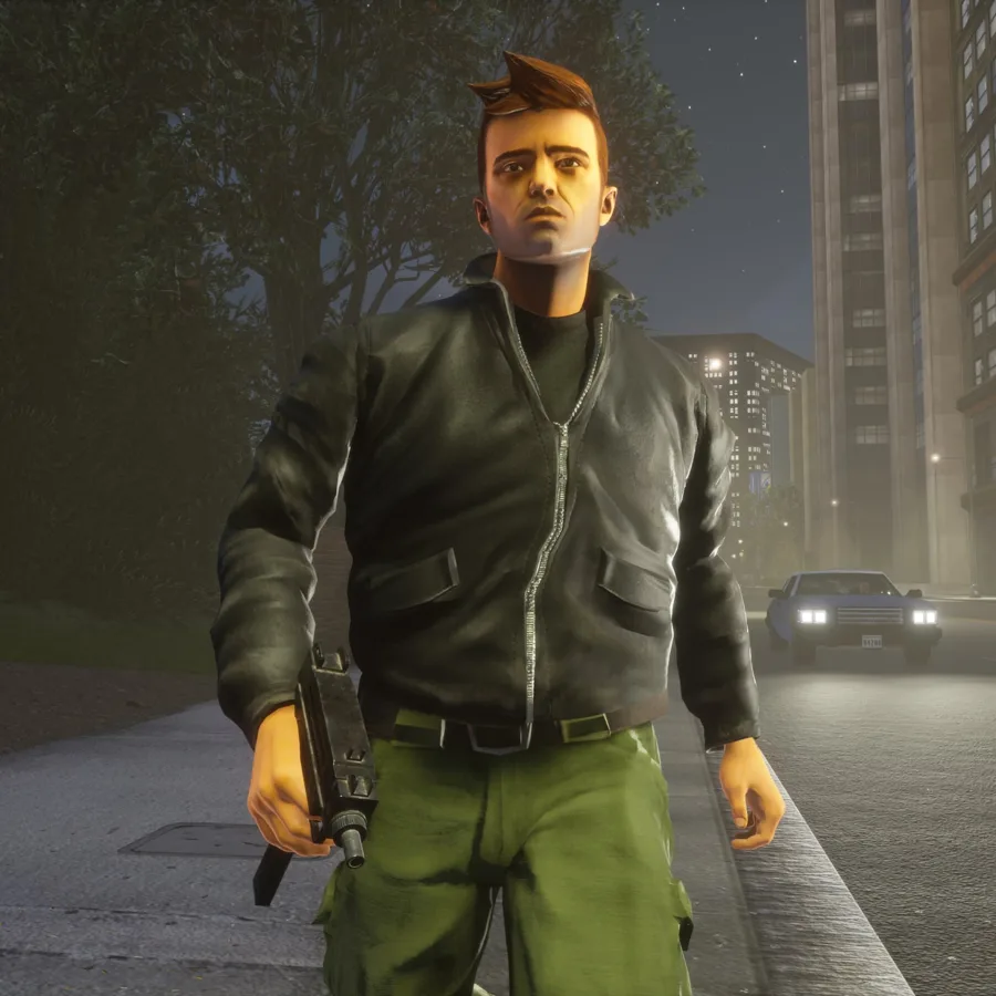Claude standing in a Liberty City street at night