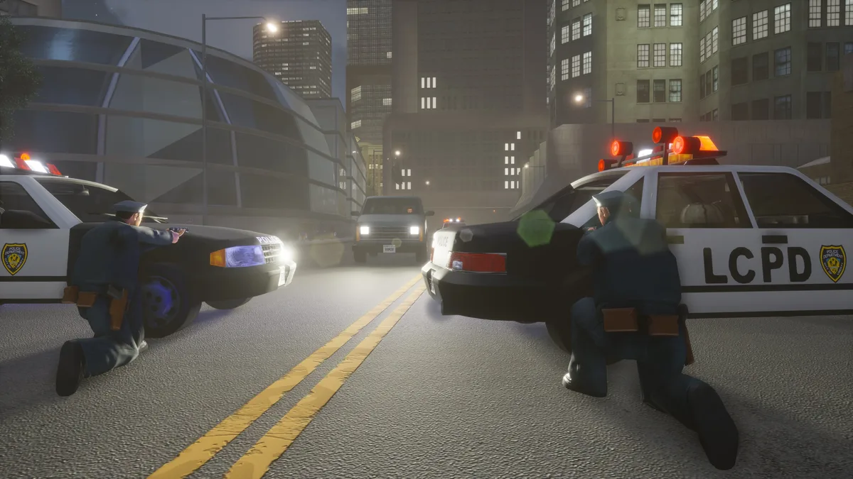 Liberty City police officers taking cover behind their cars