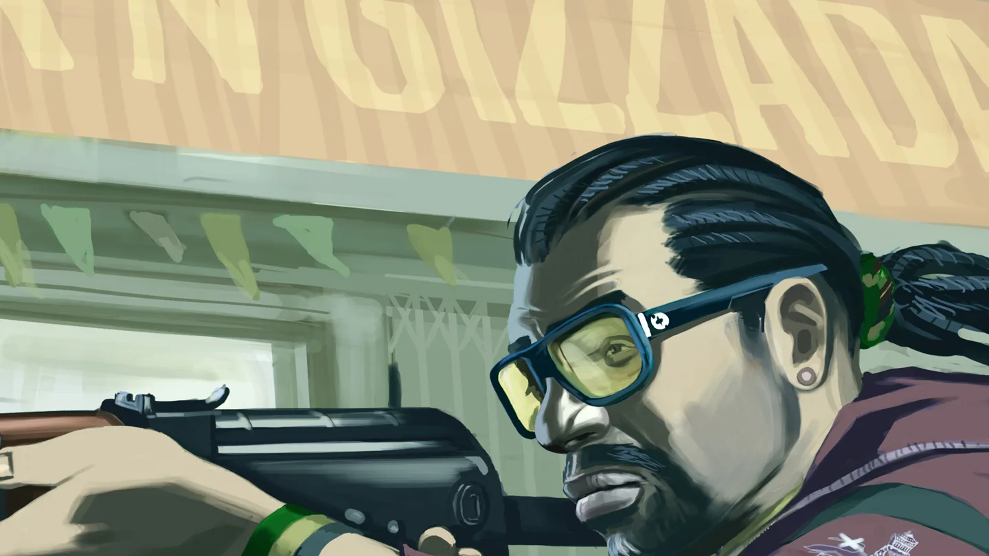 A man with dreadlocks and yellow glasses aiming an assault rifle