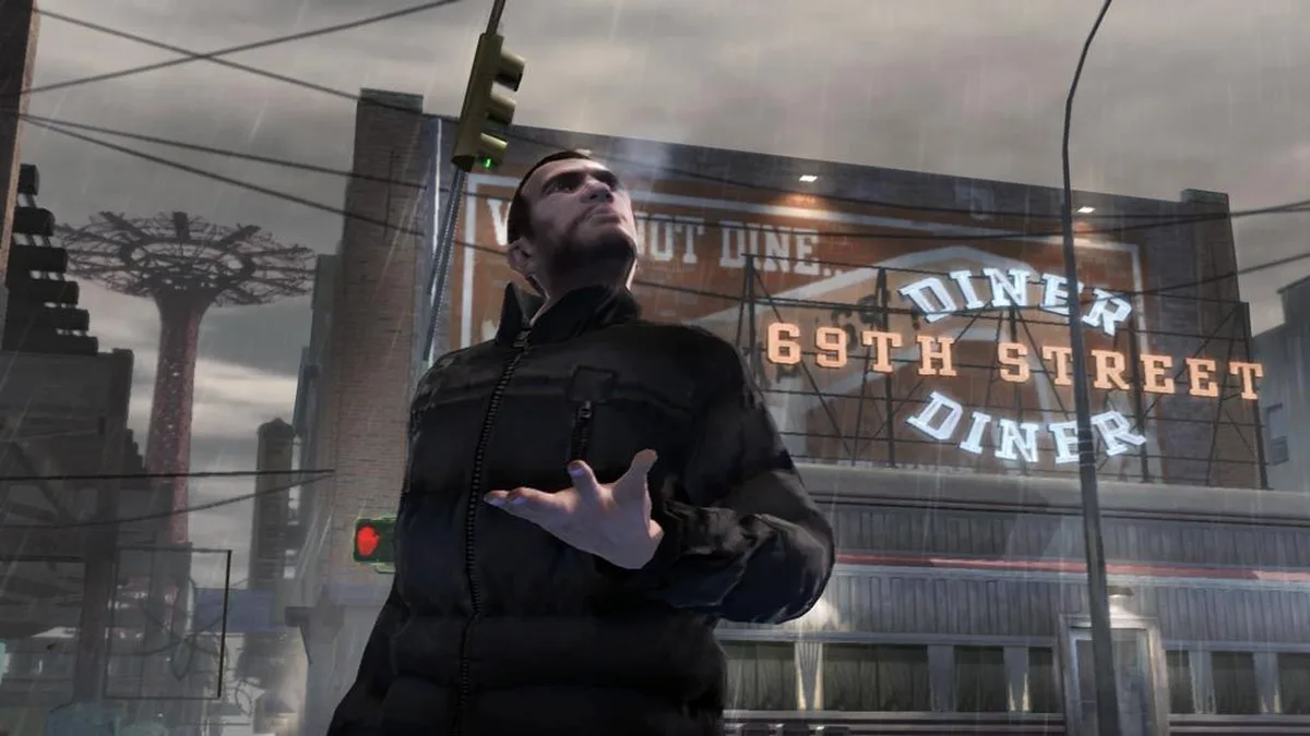 Niko Bellic outside the 69th Street Diner in Liberty City