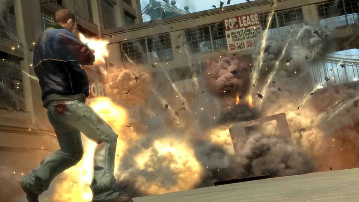 Niko Bellic running from an explosion in Liberty City