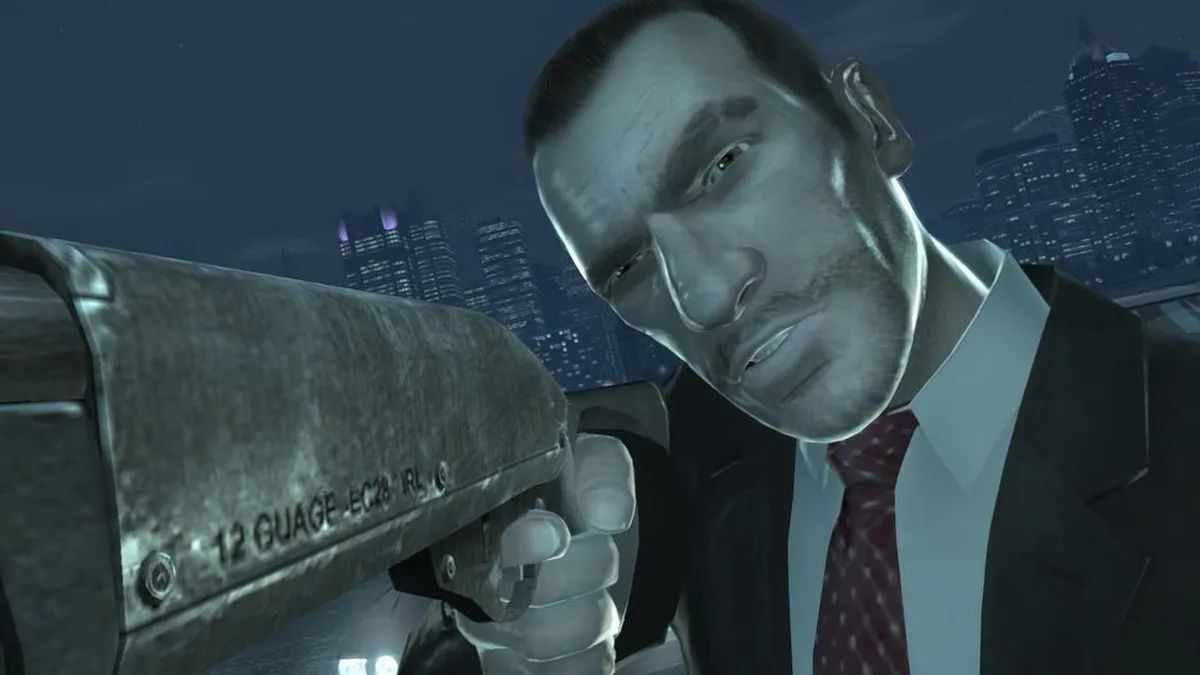 Niko Bellic aiming a shotgun