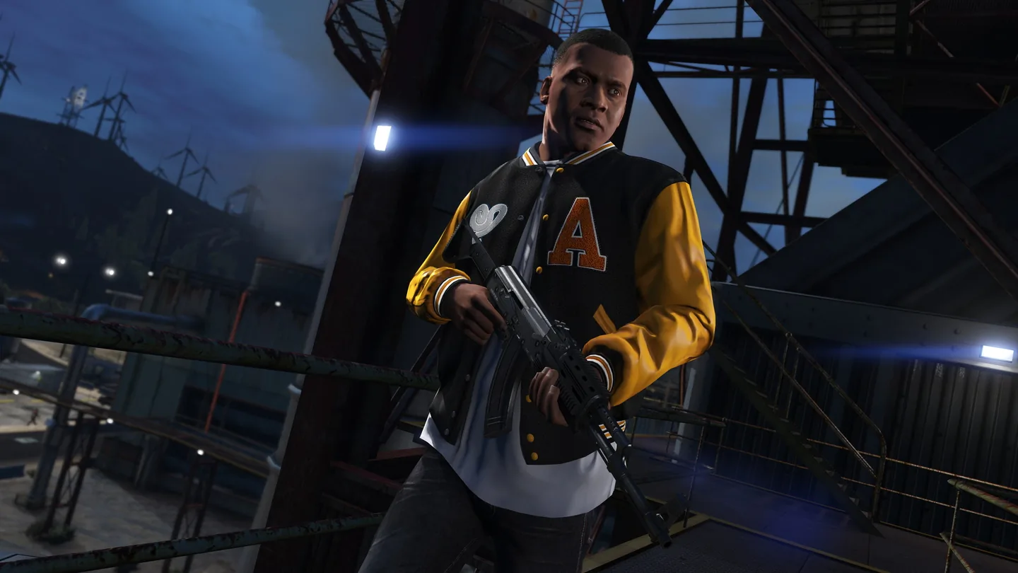 Franklin Clinton in a varsity jacket holding a rifle at night