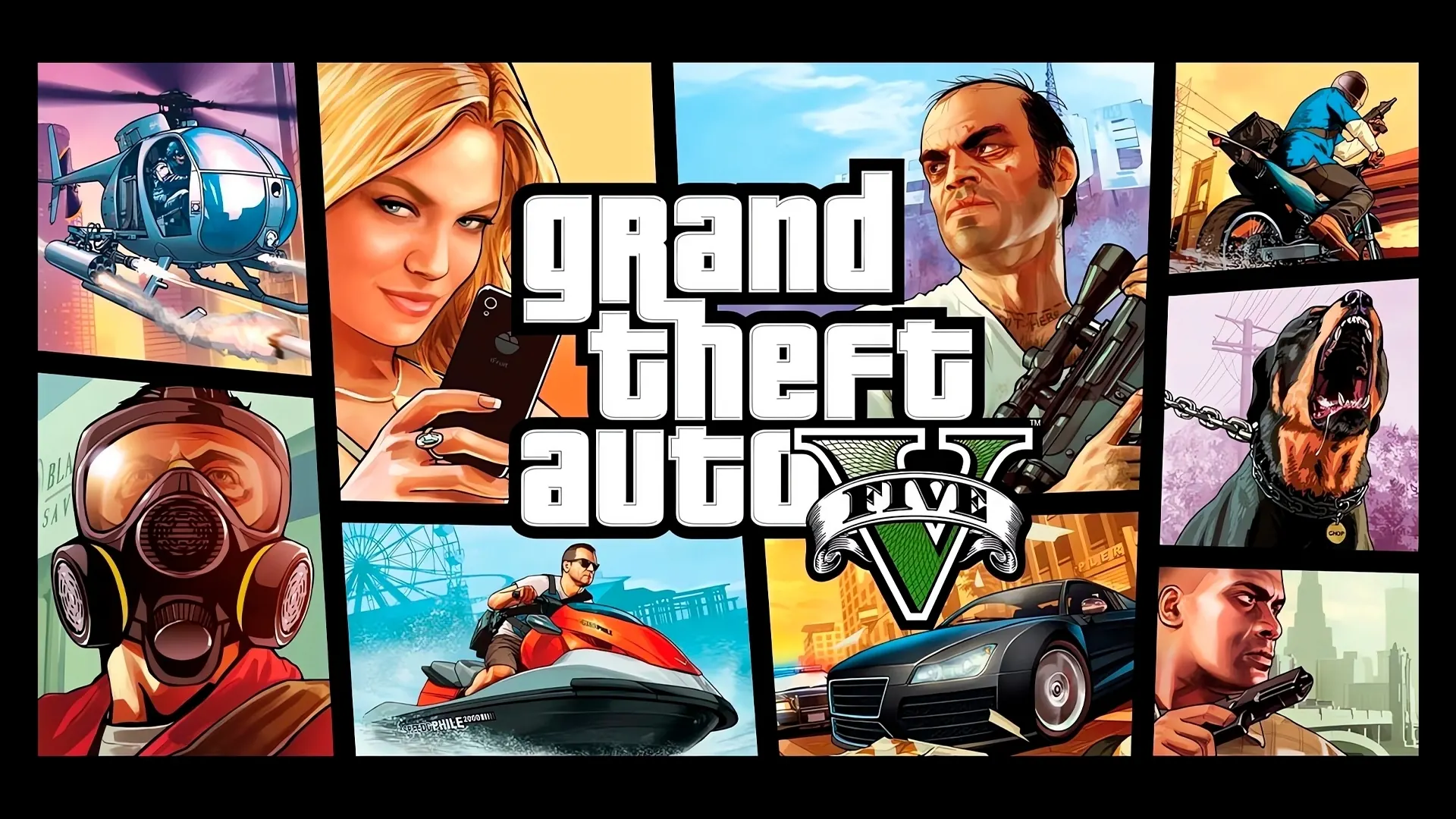Grand Theft Auto V key art with Michael, Franklin and Trevor
