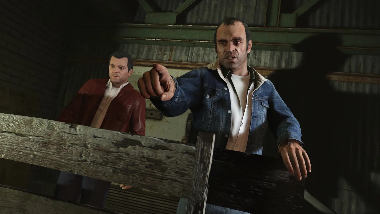 Michael De Santa and Trevor Philips leaning on a wooden railing