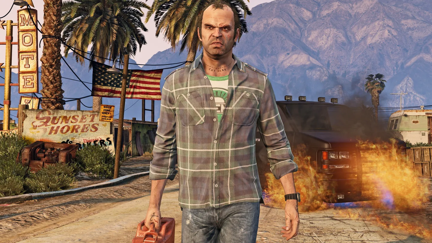 Trevor Philips walking away from a fire
