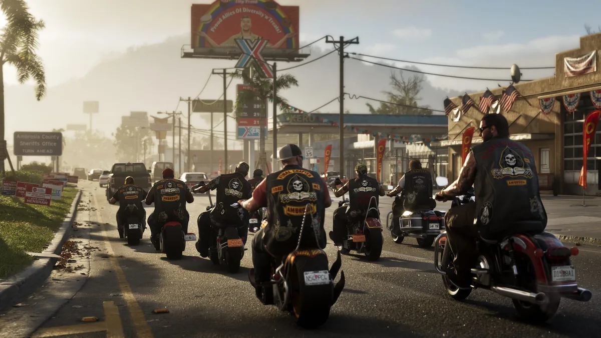 A biker gang in Ambrosia leather vests riding down the main road past the Ambrosia County Sheriff's Office sign, official GTA 6 screenshot