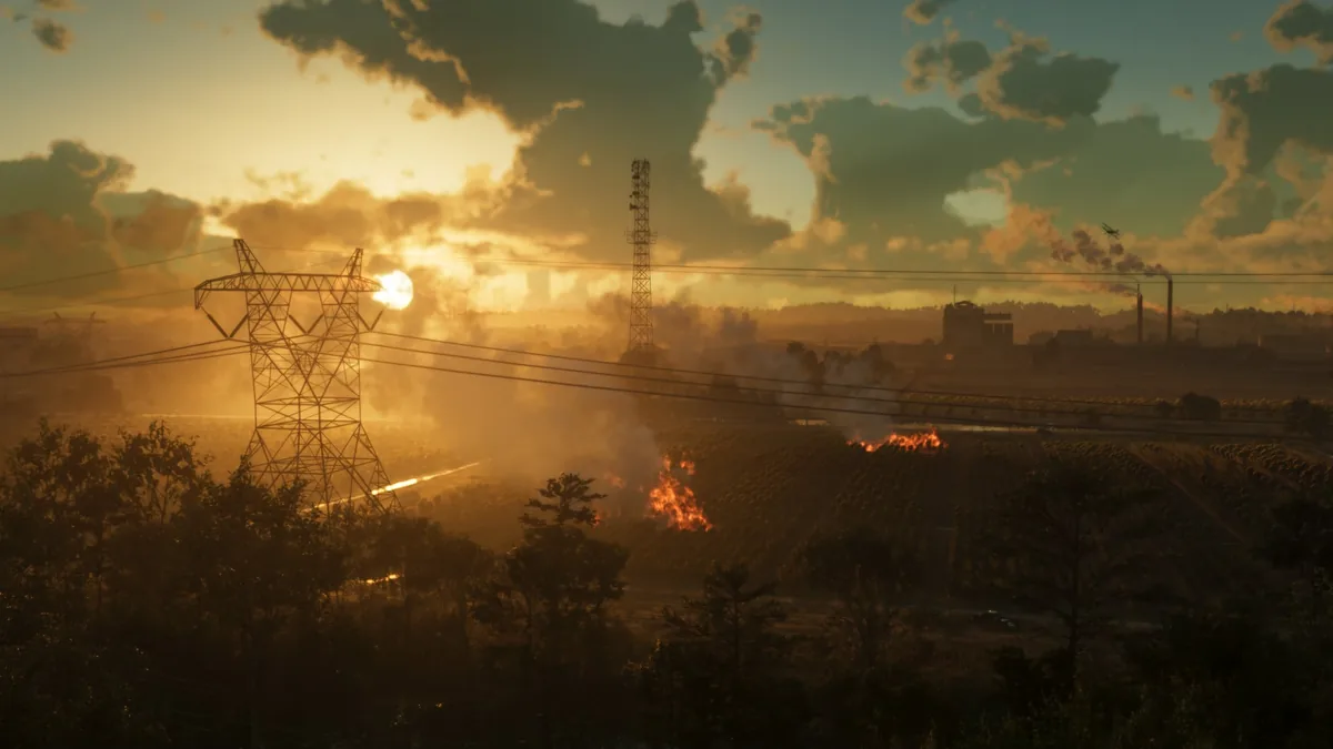 Sugar cane fields burning at sunset in Ambrosia with power lines and the refinery smokestacks behind, official GTA 6 screenshot