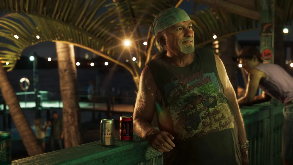 Brian Heder in a bandana and a sleeveless shirt at a waterfront bar at night with beer cans, official GTA 6 screenshot