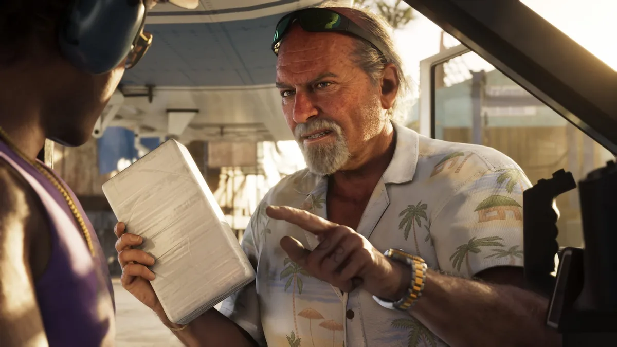 Brian Heder in a palm-print shirt holding a wrapped brick and pointing at a man in headphones by a truck, official GTA 6 screenshot