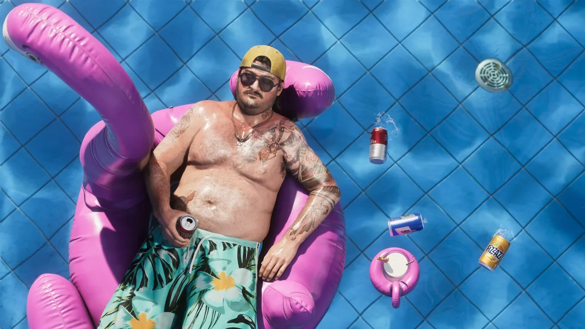 Cal Hampton floating on a pink flamingo pool float with a beer, cans drifting around him, official GTA 6 screenshot