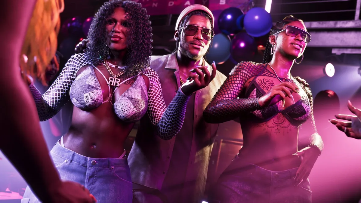 Dre'Quan Priest in a nightclub between the two Real Dimez rappers under pink light and balloons, official GTA 6 screenshot
