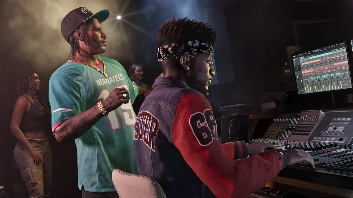 Dre'Quan Priest in a Manatees jersey standing behind a producer at a mixing desk in the Only Raw Records studio, official GTA 6 screenshot