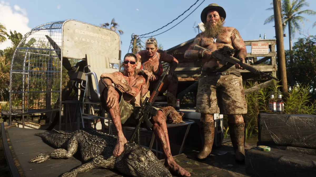 Three mud-covered hunters posing on an Airgator airboat with a dead alligator and rifles in the Grassrivers, official GTA 6 screenshot