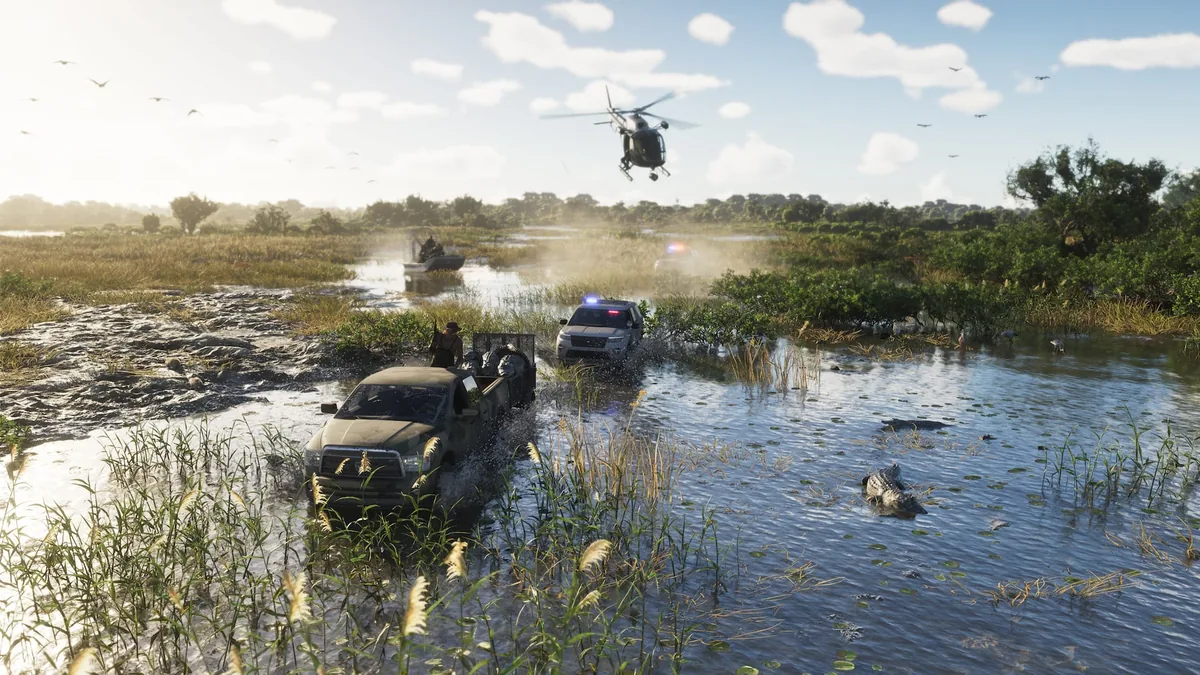 Police helicopter and two patrol cars chasing a pickup truck through the Grassrivers swamp, alligators in the water, official GTA 6 screenshot