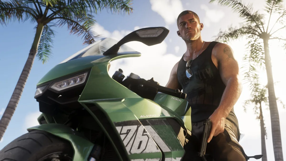 Jason Duval on a green Principe motorbike holding a pistol between palm trees, official GTA 6 screenshot