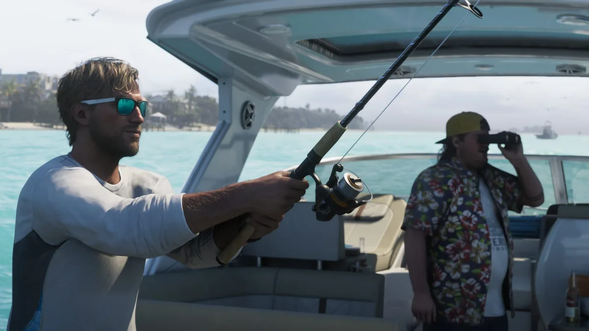 Jason Duval fishing from a boat while Cal Hampton watches through binoculars, Vice City on the horizon, official GTA 6 screenshot