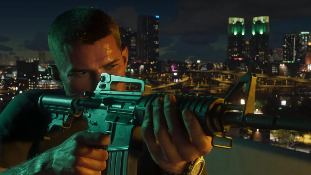 Jason Duval aiming an assault rifle from a rooftop at night with the Vice City skyline behind, official GTA 6 screenshot