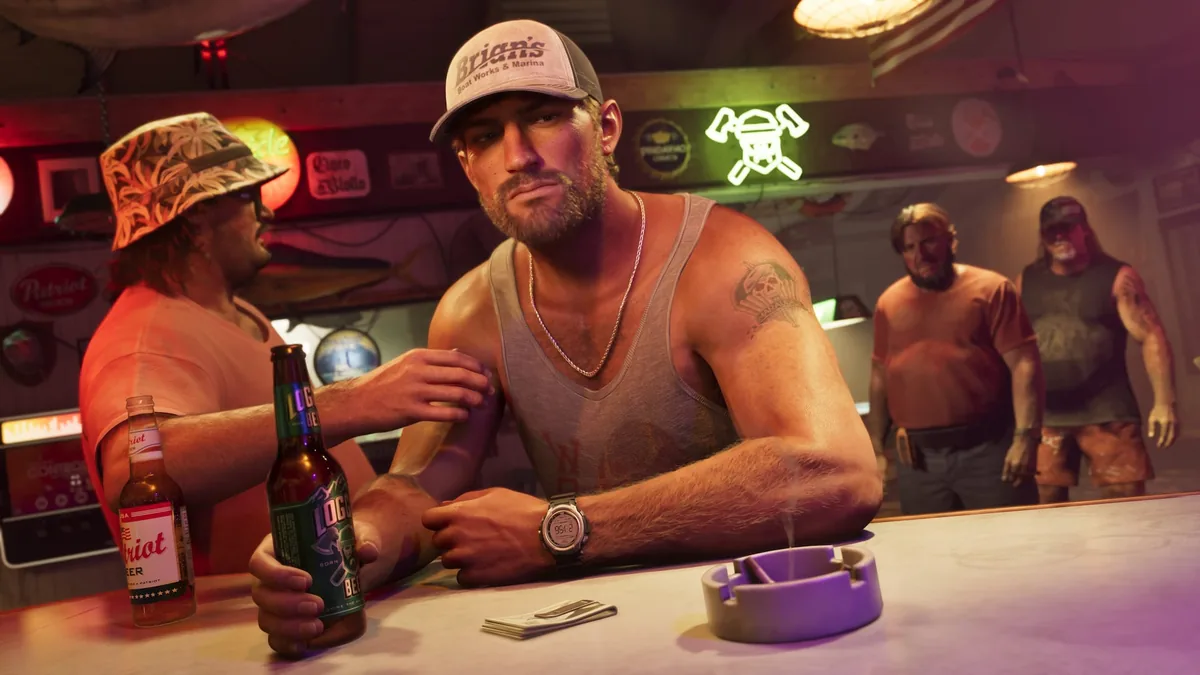Jason Duval at a bar in a Brian's Boat Works and Marina cap with a beer and cash, Cal Hampton beside him, official GTA 6 screenshot