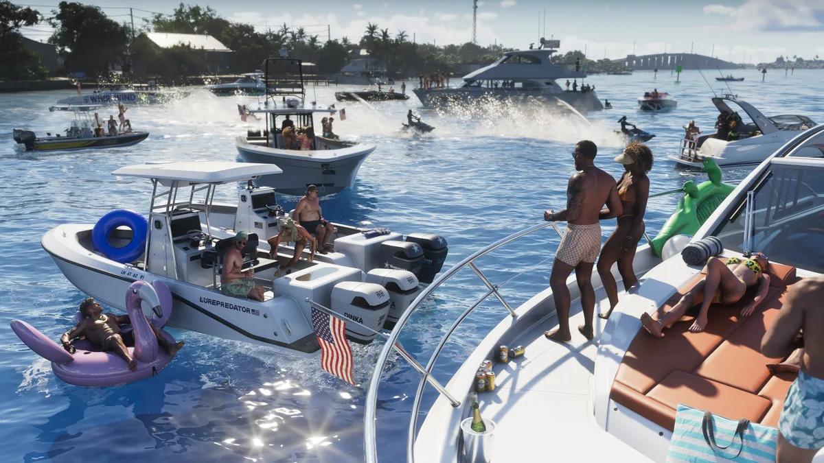 Boat party in the Leonida Keys with jet skis and a bridge in the background, official GTA 6 screenshot