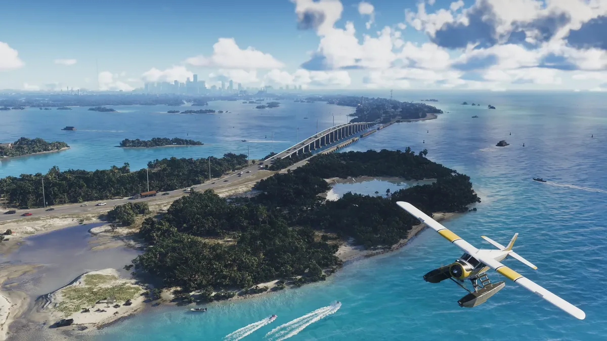Aerial view of the Leonida Keys with the Vice City skyline on the horizon, official GTA 6 screenshot