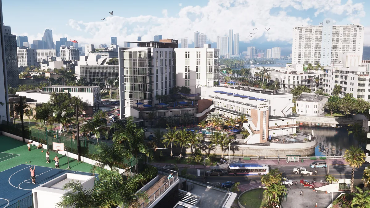 Hotel Valetta and the Vice City skyline seen from a rooftop basketball court, official GTA 6 screenshot