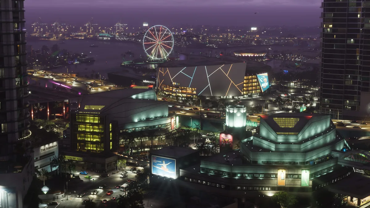 Vice City at night with the arena, the Ferris wheel and the port, official GTA 6 screenshot