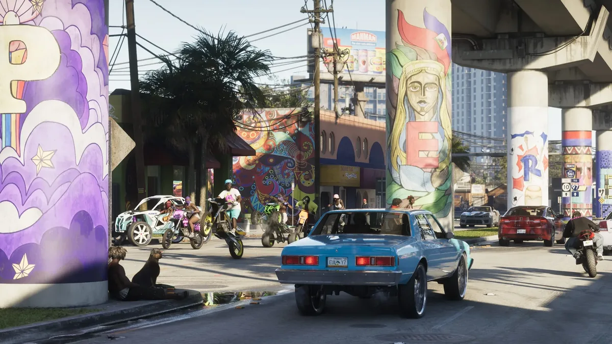 Little Havana street under the expressway with murals, a lowrider and bikers, official GTA 6 screenshot