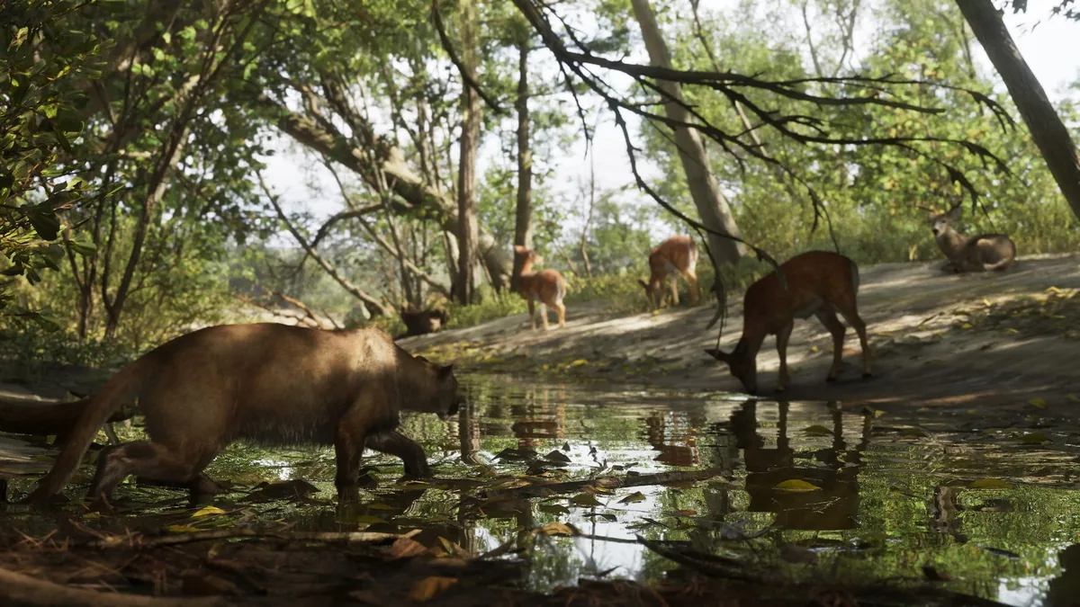 A cougar stalking a herd of deer drinking from a stream in the woods of Mount Kalaga National Park, official GTA 6 screenshot