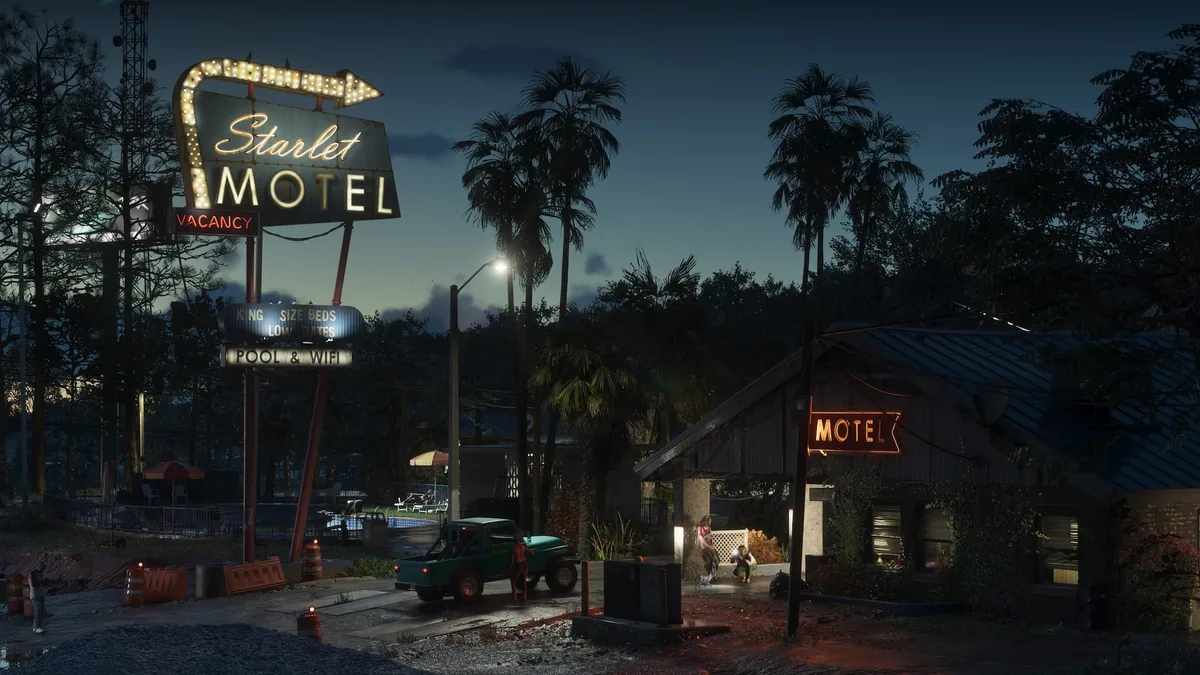 The Starlet Motel neon sign with its vacancy light on at dusk in Port Gellhorn, official GTA 6 screenshot