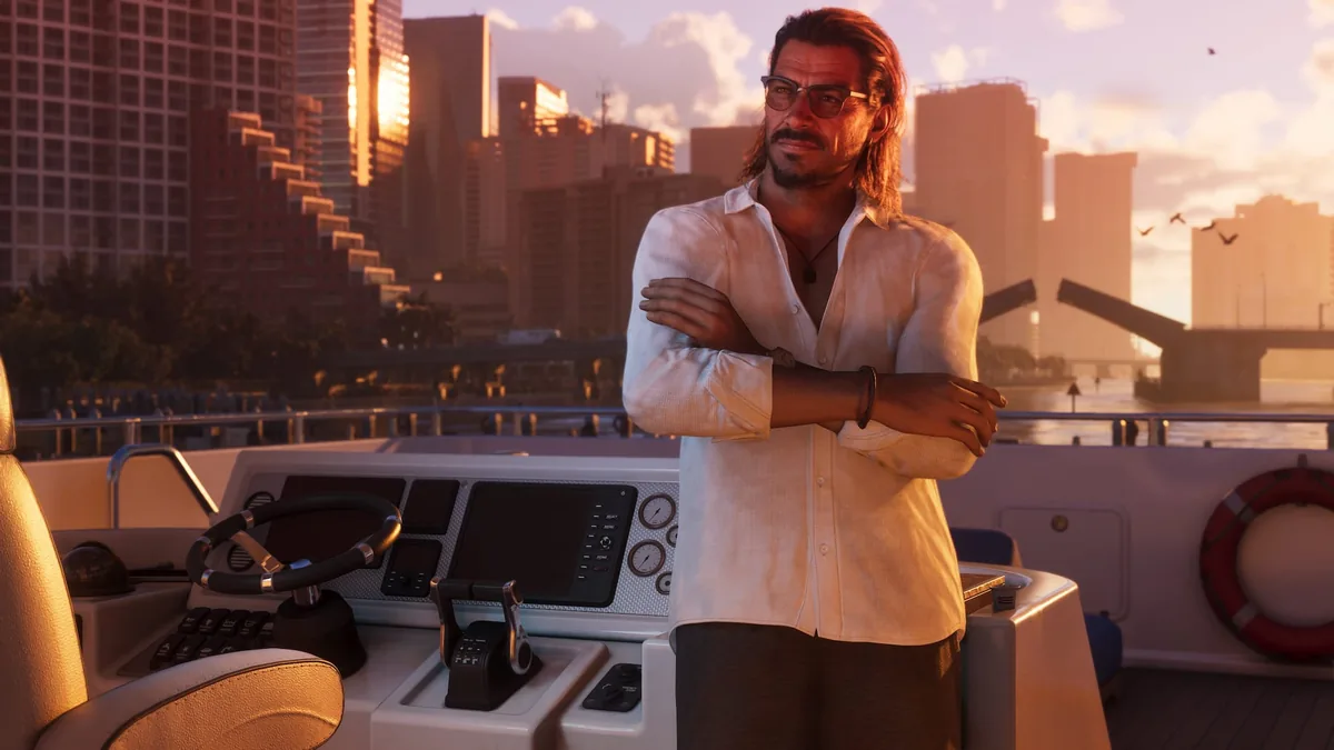 Raul Bautista with arms crossed on the bridge of a yacht at sunset, Vice City towers behind him, official GTA 6 screenshot