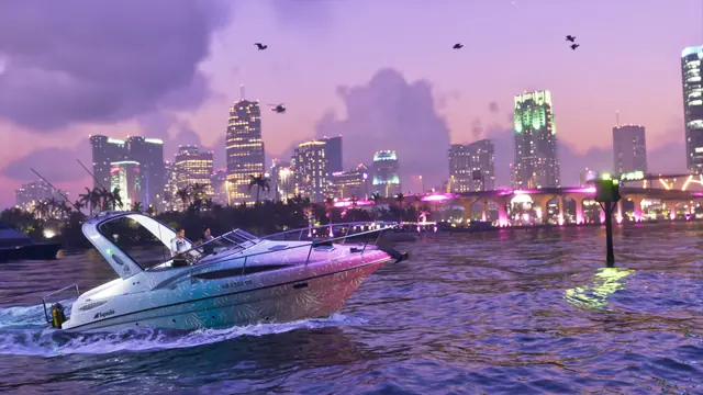The Shitzu Squalo speedboat from the GTA 6 Ultimate Edition at night in Vice City