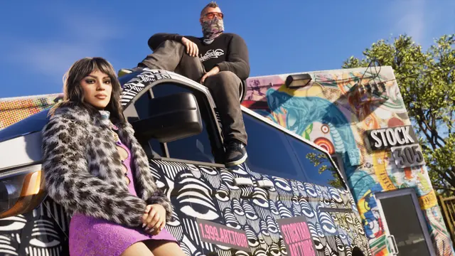 Jason and Lucia in front of the Stock 305 clothing store van from the GTA 6 Ultimate Edition