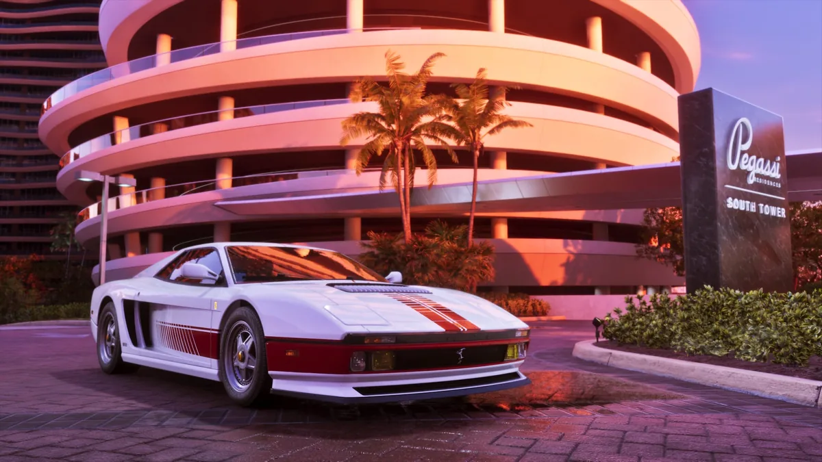 A white '95 Grotti Cheetah with a red stripe parked in front of the Pegassi Residences South Tower at sunset, official GTA 6 screenshot