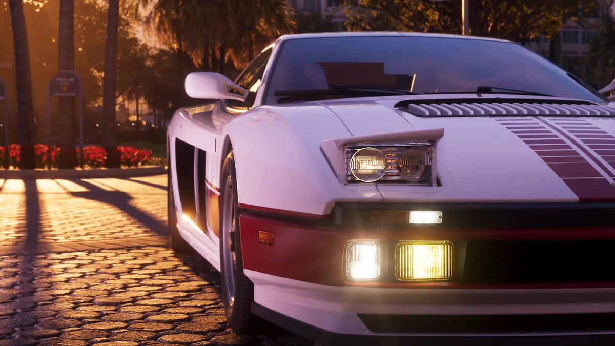 The white '95 Grotti Cheetah parked with its pop-up headlamps raised, official GTA 6 screenshot