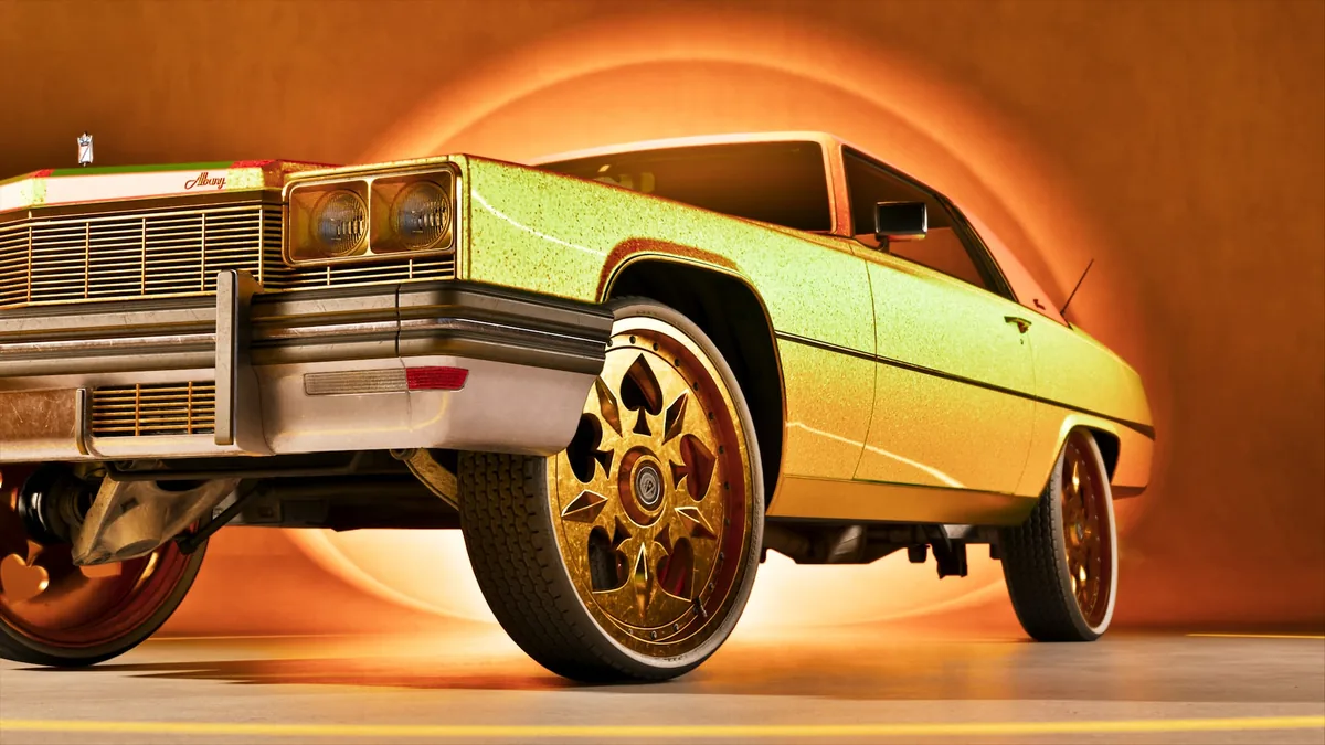 A gold Albany coupe on oversized gold rims with spade-shaped spokes inside Rideout Customs, official GTA 6 screenshot