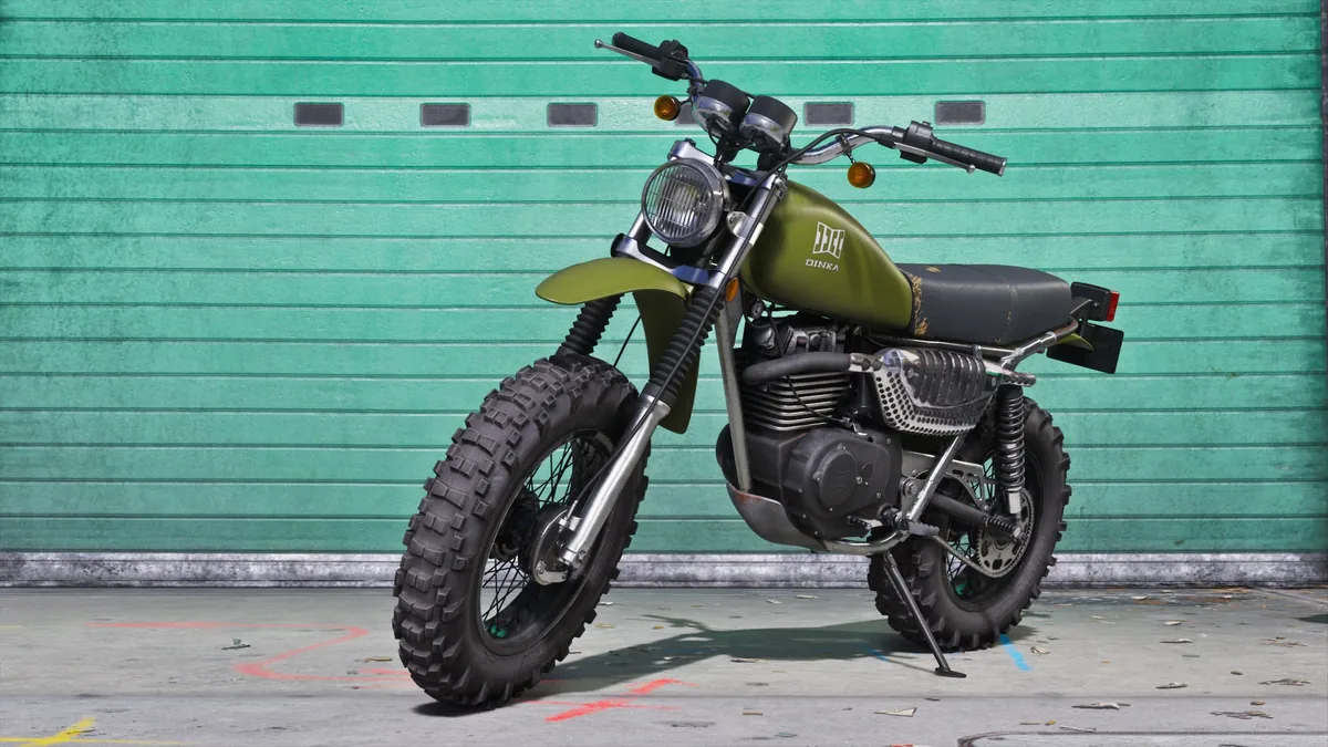 A green Dinka Enduro motorcycle parked outside a garage, official GTA 6 screenshot