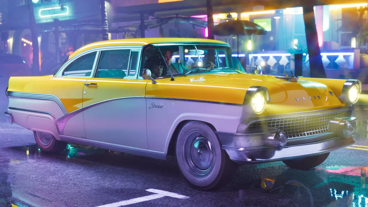 The yellow and white '55 Vapid Stanier parked at night on a neon-lit Vice City street with Jason and Lucia inside, official GTA 6 screenshot