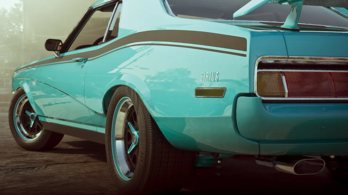 Rear three-quarter view of a turquoise Sirius muscle coupe with a black side stripe and a rear spoiler, official GTA 6 screenshot