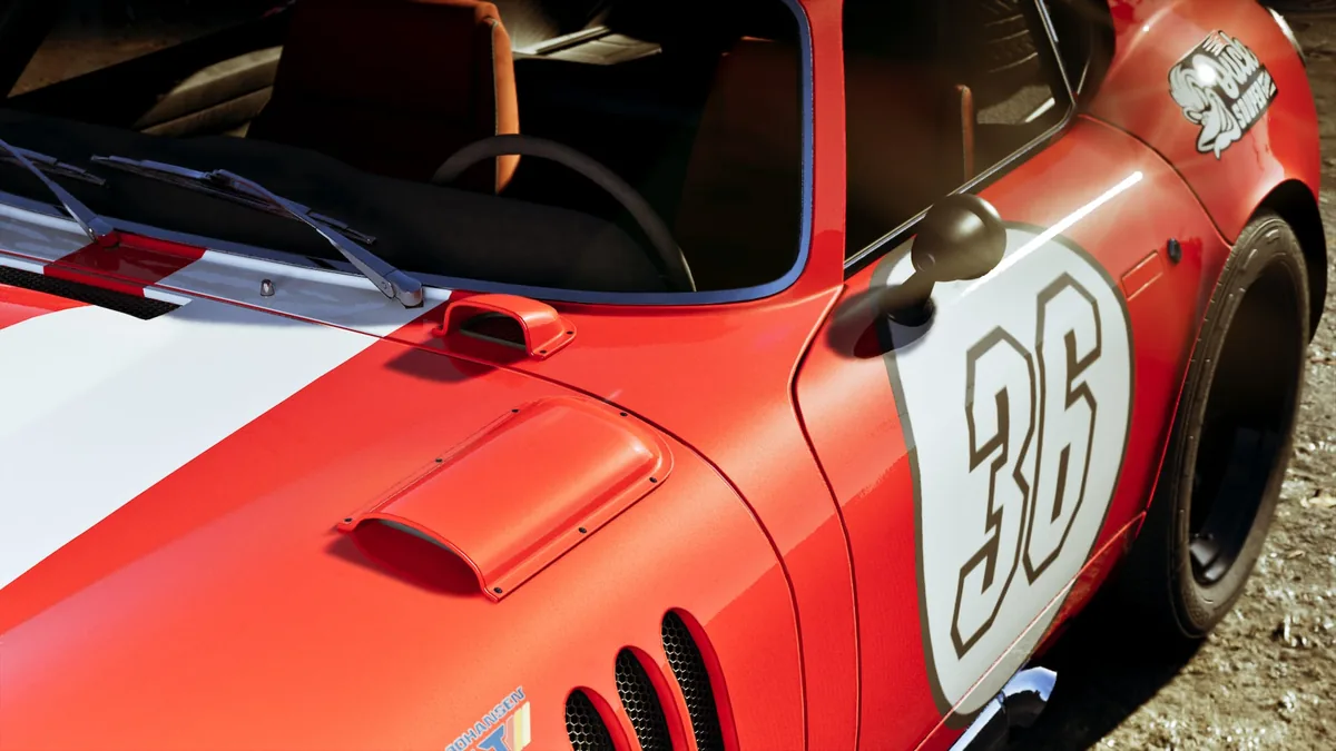 Close-up of a red classic sports racer with a white stripe and the number 36 on the door, official GTA 6 screenshot