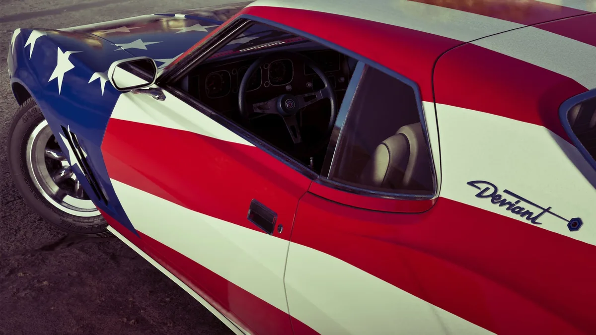 A Deviant muscle car wrapped in a red, white and blue stars-and-stripes livery, official GTA 6 screenshot