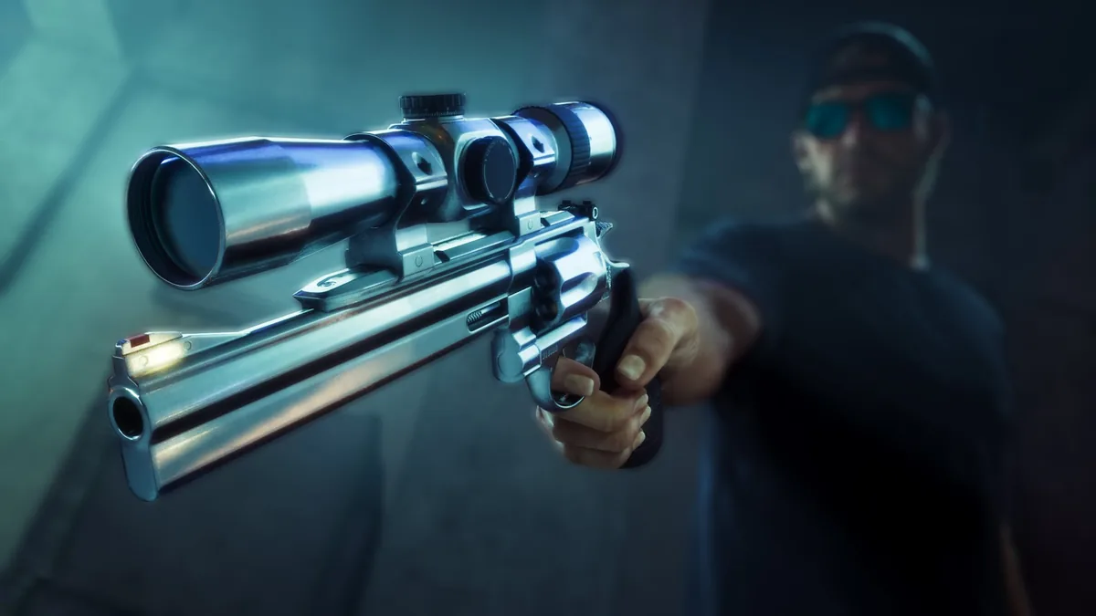 A scoped stainless revolver aimed at the camera by a man in a cap and sunglasses, official GTA 6 image