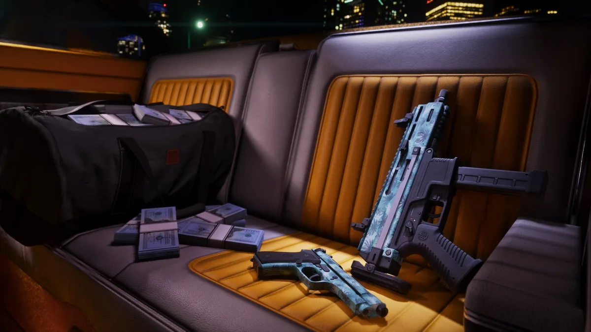 A submachine gun and a pistol in a teal tropical pattern on the back seat of a car beside a bag and stacks of cash, official GTA 6 image