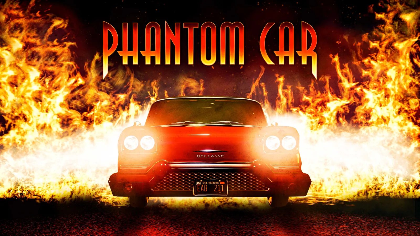 The Phantom Car in flames, GTA Online Halloween, official Rockstar Games artwork