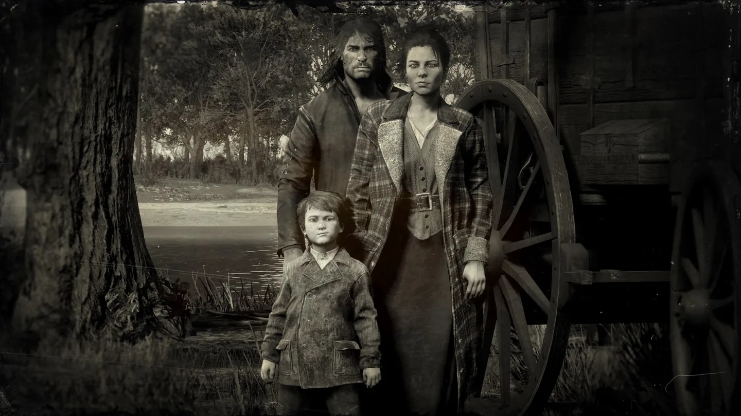 John, Abigail and Jack by a wagon