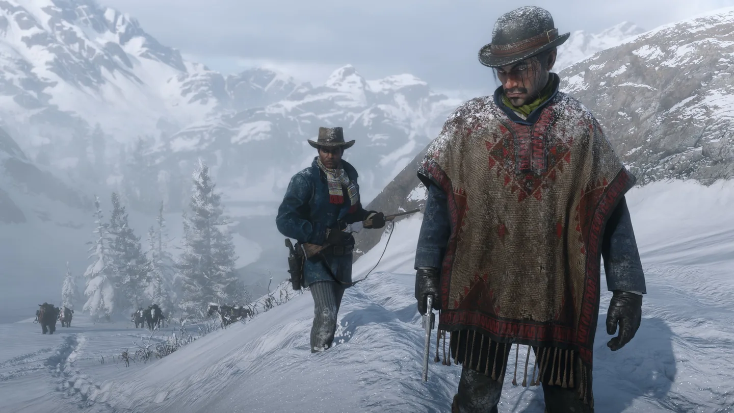 Arthur Morgan and a companion walking through the snowy Grizzlies in Red Dead Redemption 2