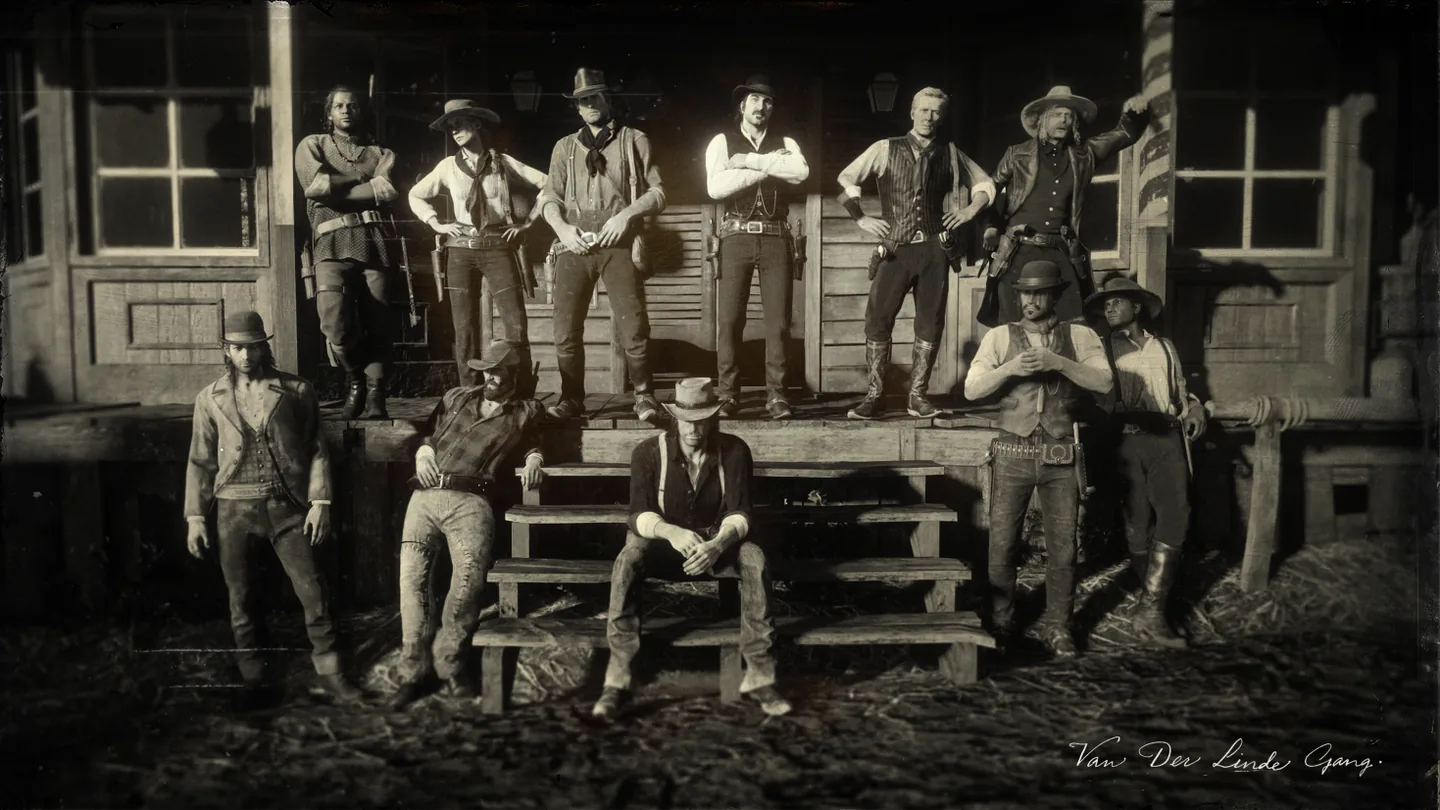 The Van der Linde gang posing on the porch of a wooden house